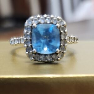 Cushion-Cut Sterling Silver Blue Topaz & White Lab-Created Sapphire Ring Sz 6
